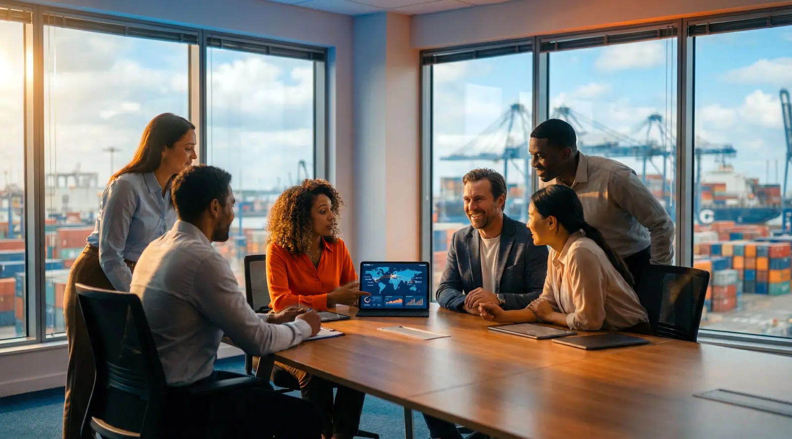 Diverse team of professionals collaborating around a table in a modern office with floor-to-ceiling windows overlooking a container port terminal